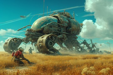 A Man Kneeling in a Field Next to a Giant Robot, Alien creatures working on futuristic farming machinery in an open field, AI Generated