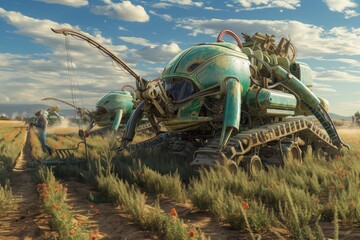 A photograph capturing a sizable, green insect sitting atop a vibrant, flourishing green field, Alien creatures working on futuristic farming machinery in an open field, AI Generated