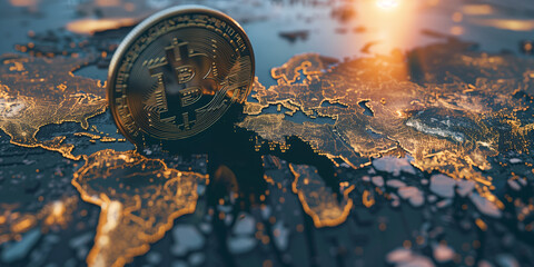 Bitcoin coin stands atop a glowing world map, reflecting the global reach of digital currency