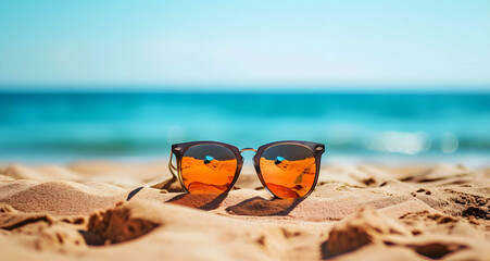 One sunglasses on the sandy beach, turquoise blue sea in the blurry background. Summer concept artwork