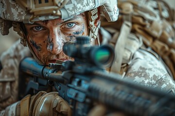 Intense Soldier Portrait: Extreme Close-Up, Weapon in Hand, Dirt-Streaked Face  - obrazy, fototapety, plakaty