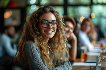 A group of colleagues attending a workshop on conflict resolution and mediation. A woman in glasses happily smiles at a table in a restaurant, enjoying an event