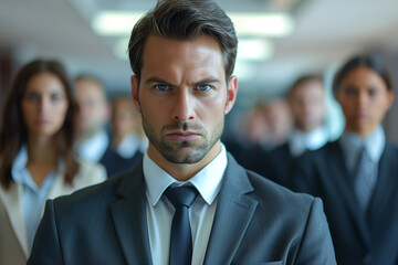 Naklejka premium A man in formal wear with a tie is addressing a group, gesturing confidently