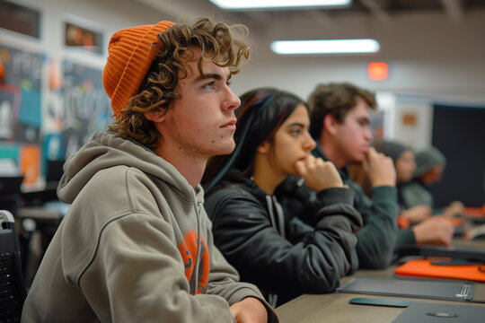 A group of students attending a workshop on study habits and time management. Young people sharing fun conversation at desks in classroom