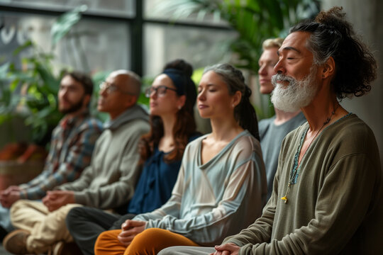 A group of people participating in a workshop on mindfulness and stress reduction.Group of people in a row, eyes closed, enjoying art event