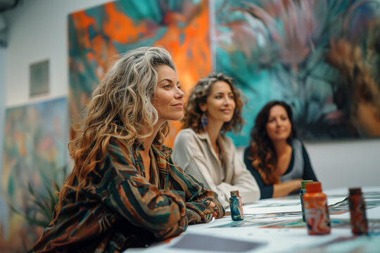 A group of friends participating in a workshop on mindfulness-based art therapy. Three women at a table enjoying art paintings, smiling and having fun