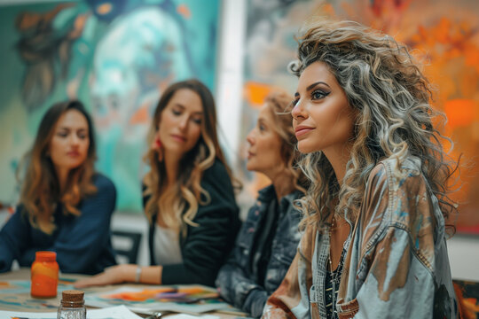 A group of friends participating in a workshop on mindfulness-based art therapy. Women at table admiring paintings, sharing, and having fun at art event