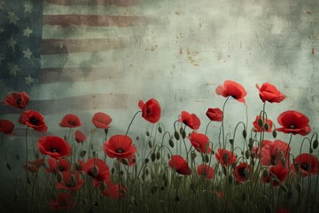 A painting depicting vibrant red flowers positioned in front of an American flag, An abstract depiction of Memorial Day with red poppies and the American flag, AI Generated
