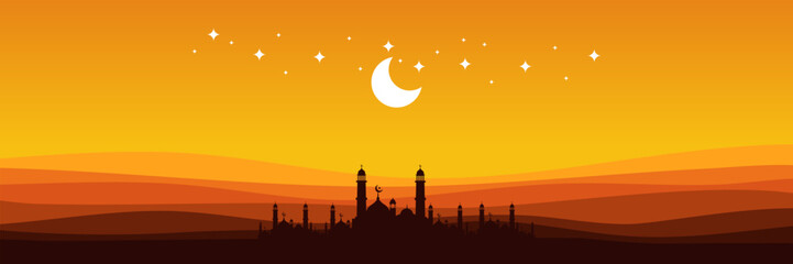 islam mosque ramadan moon night sky vector illustration with mosque silhouette ramadan good for web banner, ads banner, booklet, wallpaper, background template, and advertising