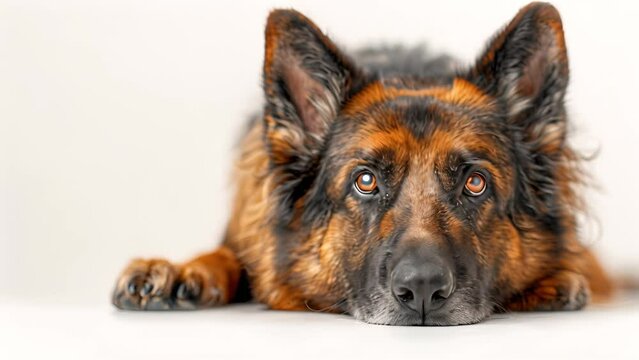 Portrait of German shepherd dog close up isolated on white background. Beautiful brown dog 4k video Copy space
