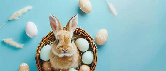 bunny with easter eggs in a basket on a blue background