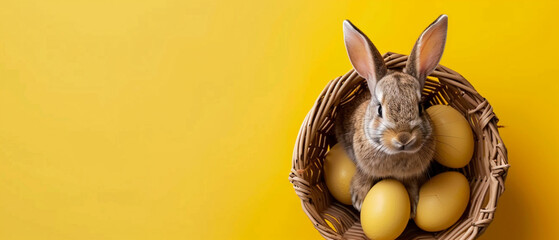bunny with easter eggs in a basket on a yellow background