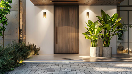 A modern farmhouse entrance adorned with potted plants. Wooden door with glass and forging for luxury. --ar 16:9 --v 6.0 - Image #3 @Zubi - Powered by Adobe