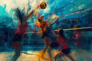 A Group of People Playing a Game of Volleyball, An abstract representation of the energy and intensity in a boxing ring, AI Generated