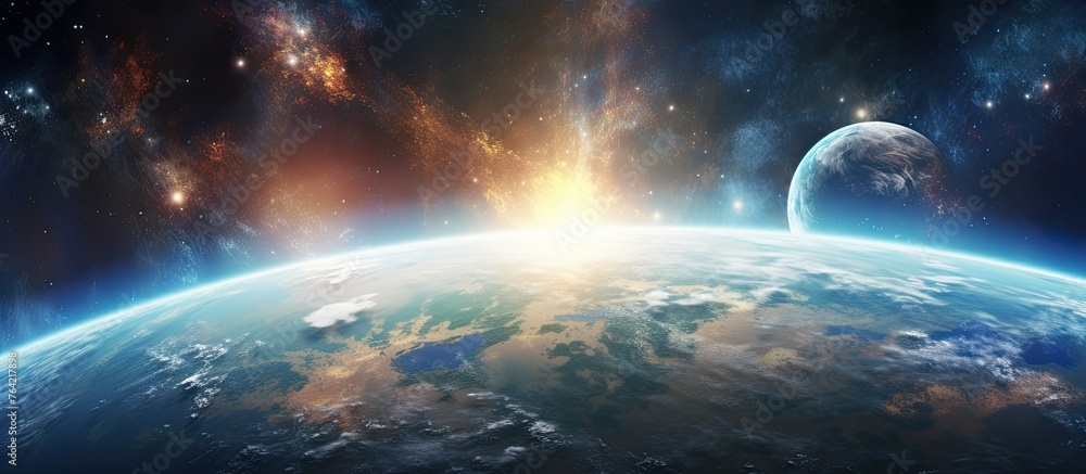 Poster an image capturing the view of earth from the space with a radiant light shining over it