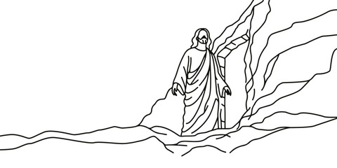 Vector linear drawing of Jesus emerging from the cave. The Holy Risen Lord Messiah Savior Evangelical Saint. - obrazy, fototapety, plakaty