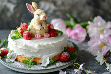 Easter cake with eggs, flowers and bunny