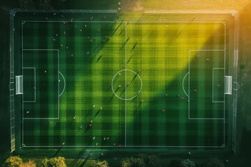 An overhead shot of a soccer field, showcasing the pitch, goalposts, and players competing in a match, An aerial viewpoint of a soccer field during a high-intensity match, AI Generated