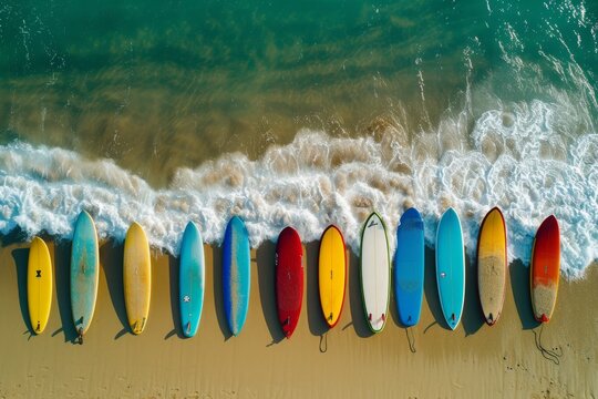 A row of surfboards lined up on the sandy beach, overlooking the sparkling ocean waves, An aerial view of colourful surfboards lined up on the beach, AI Generated