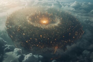 Aerial View of City Surrounded by Clouds, An alien megacity engulfing an entire planet, seen from space, AI Generated