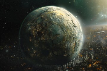 A view of a modern city with tall skyscrapers and bright neon lights shining in the darkness, An alien megacity engulfing an entire planet, seen from space, AI Generated