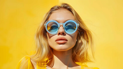 woman in glasses on a yellow background