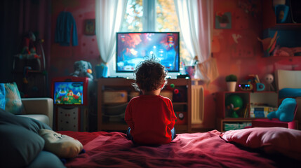 A little boy is sitting in his children's room on a bed in front of a monitor and playing an online video game. A focused young gamer. A gamer's game console. Addicted child gamer, back view - obrazy, fototapety, plakaty