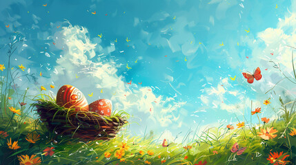 Fototapeta na wymiar easter eggs in basket on the grass with copy space spring background 