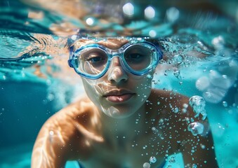 Young Swimmer Underwater with Goggles in Clear Blue Pool