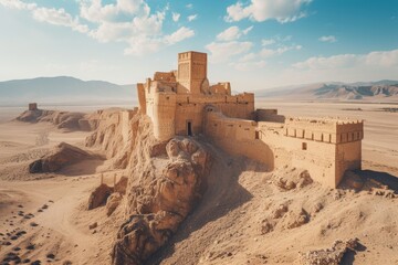 A stunning castle stands proudly amidst the arid expanse of the desert, showcasing its grandeur and uniqueness, An ancient Islamic fortress overseeing a barren desert terrain, AI Generated