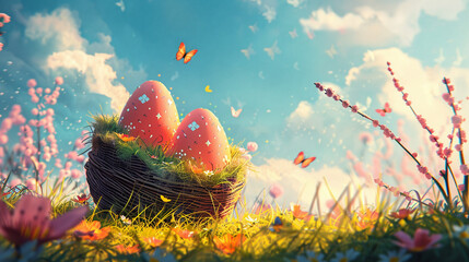 easter eggs in basket on the grass with copy space spring background 