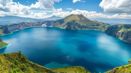 Naklejka na ściany i meble Breathtaking Crater Lake Panorama with Vibrant Blue Water and Lush Hillsides