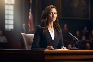 Court of Justice and the legal process. woman wearing a suit stands in court at a high court hearing in the courtroom, front view
 - obrazy, fototapety, plakaty