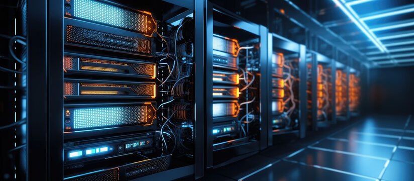 An array of servers with illuminated lights placed in a room designed for housing servers commonly known as a server room.