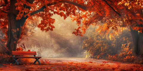 Serene Park Scene with a Bench Amid Falling Leaves and enchanted Autumn pathway.