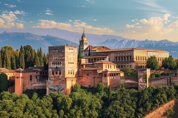 Majestic Building With Clock Tower, An awe-inspiring view of the Alhambra Palace in Granada, Spain, AI Generated - obrazy, fototapety, plakaty