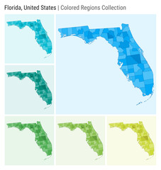 Florida, United States. Map collection. State shape. Colored counties. Light Blue, Cyan, Teal, Green, Light Green, Lime color palettes. Border of Florida with counties. Vector illustration.