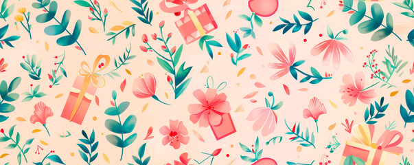 A repetitive pattern of various flowers and gift boxes displayed on a vibrant pink background. Holiday Background. Gift wrapping. Seamless pattern