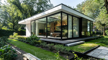 Fototapeta na wymiar A sleek, minimalist black and white modern house standing amidst a lush garden, with large floor-to-ceiling windows reflecting the surrounding greenery. --ar 16:9 --v 6.0 - Image #3 @Zubi