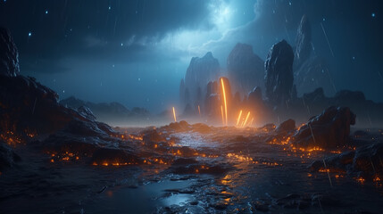Dark volcanic alien world with it rains fire