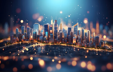3D bokeh city skyline abstract background, Travel and technology concept, Technology Background,...