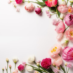 Pretty, colorful pink cherry blossoms along top and side of painted white background with peonies and room or space for copy, text, your words. Flat lay, horizontal looking down from above.