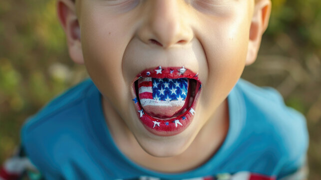 close-up, a little boy shows an American flag painted with paint, language proficiency
