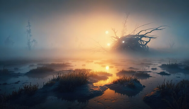 Strange extraterrestrial plant-like creature with glowing eyes, living in the wetlands on a dark alien planet. Misty swamp landscape in dim orange light of distant suns. Alien wildlife.