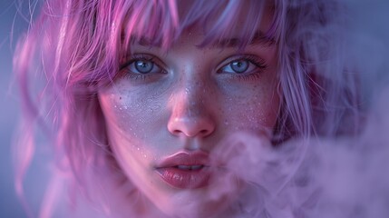 A woman with purple hair. The face is magical and has a fabulous ethereality and mystery.
Concept: cosmetics and fantasy, digital art and trends in makeup and hairstyles