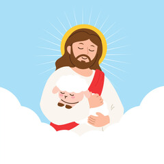 Happy Easter day hand drawn background vector. Religious drawing of Jesus Christ, God embrace lost sheep, lamb. The Holy Spirit illustration for Good Friday, Holy Week, greeting card, cover, poster.