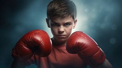 Youthful boxer with red gloves stares defiantly at camera - obrazy, fototapety, plakaty