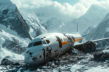 The wreck of a passenger plane high in the snowy mountains. Air disaster in the mountains
 - obrazy, fototapety, plakaty