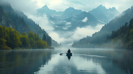 Person rowing a boat on a calm lake surrounded by foggy mountains and lush forest. - obrazy, fototapety, plakaty
