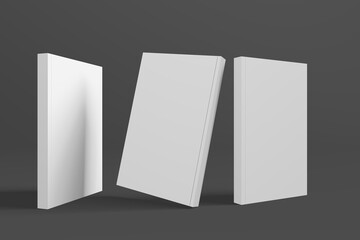 Realistic 3D book mockup illustration with 3 soft covers. Book model standing on isolated gray background with shadows. Book with 3 soft covers. Ready for you to present your design.